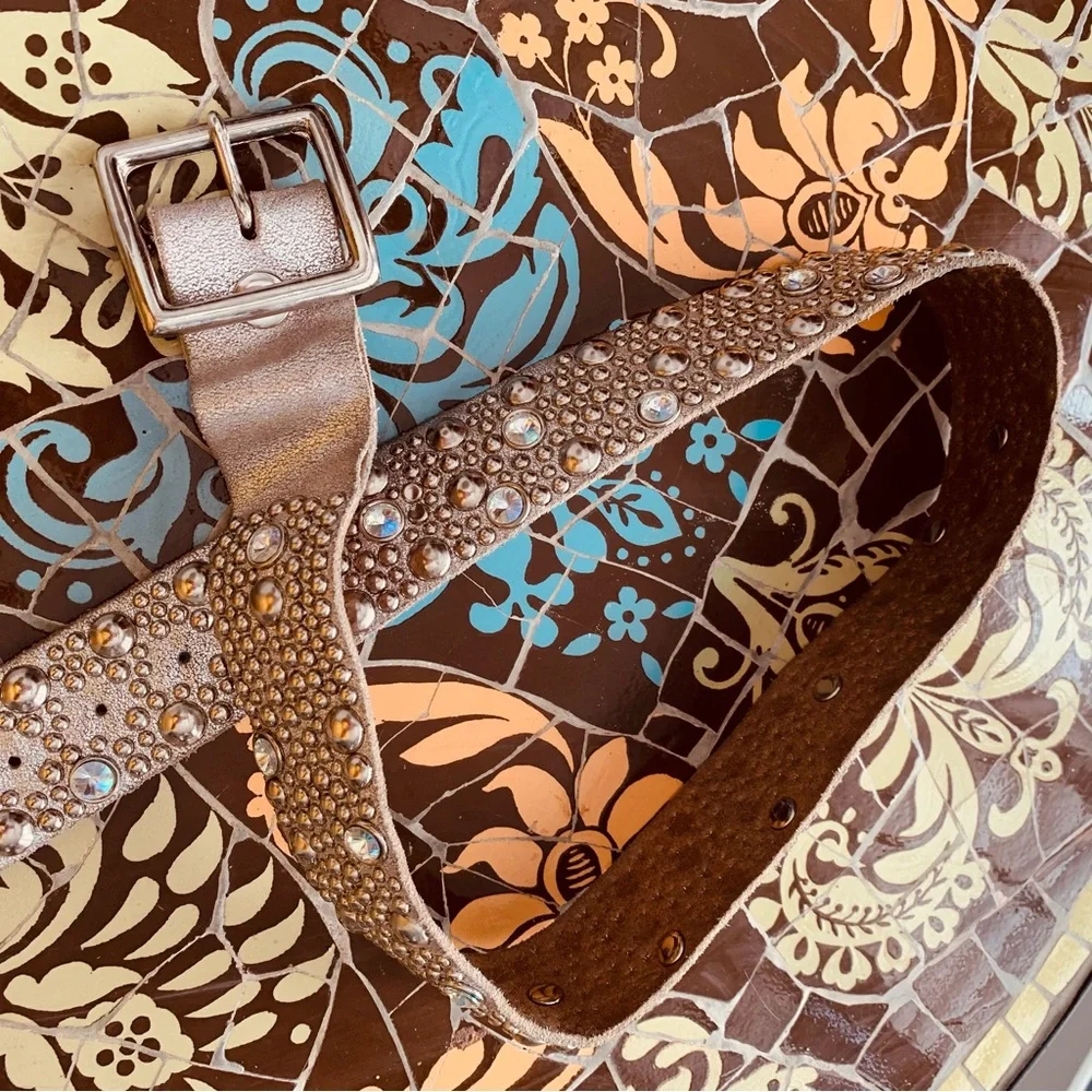 RHINESTONE & STUD Design Leather Belt Sz: L
